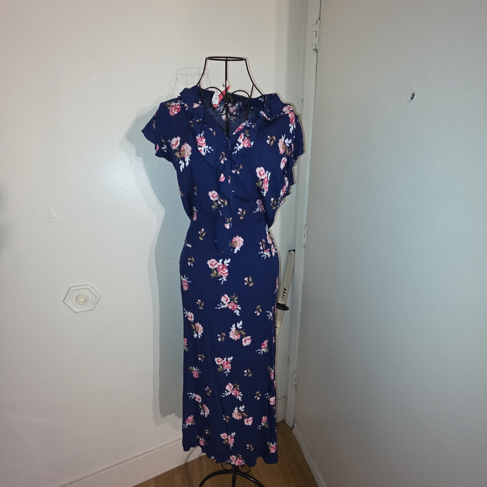 Suzanne Betro Navy and Pink Floral Midi Dress